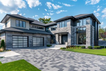 A stunning spacious customized executive home with modern design features grey stone and brick shingles trim interlock driveway and glass garage doors
