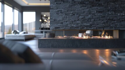 Obraz premium The fireplaces floating hearth is made of stacked stone in varying shades of grey adding texture and dimension to the sleek and modern design. 2d flat cartoon.