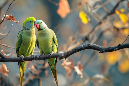 A portrait of Indian parrots in New Delhi during winter