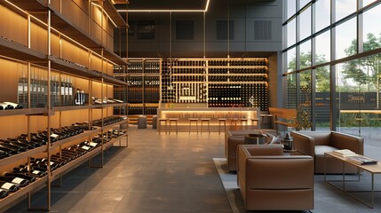 A modern wine tasting room with floor-to-ceiling racks and a tasting bar