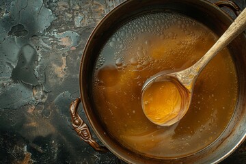 Add broth to pan top view