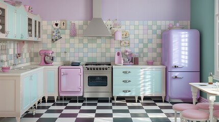 A retro-inspired kitchen with pastel appliances and checkerboard floors
