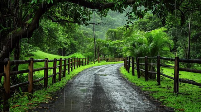 Journey into the tropics: A winding road bordered by a rustic wooden fence leads the way into the lush embrace Seamless looping 4k time-lapse virtual video animation background. Generated AI