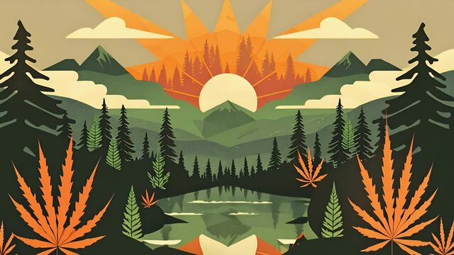 Illustration of a mountain valley surrounded by forest and marijuana plants at sunrise. Background for an Oregon based cannabis products company.