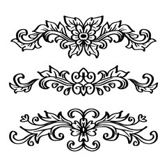 Set of vintage decorative elements for design. Black and white vector illustration.