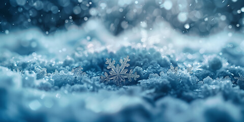 Close-up of a singular, intricate snowflake, perfectly symmetrical and glistening atop a frosty surface, illuminated by soft light.