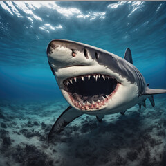 Naklejka premium Menacing Great White Shark Prowling the Ocean Depths Near a Sandy Seabed