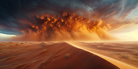 Massive sandstorm sweeps desert with towering clouds of sand engulf undulating dunes beneath an ominous sky.