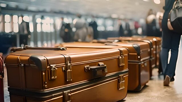 Row of Brown Suitcases on Floor Generative AI