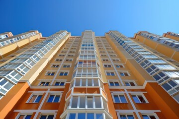 Facade of a modern apartment building on a background of blue sky
