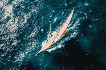 Aerial view of sailing yachts with white sails at sea in wind