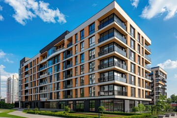 Facade of a modern apartment building on a background of blue sky