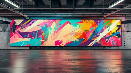 Blank mockup of a parking garage banner showcasing vibrant graffiti art and bold typography. .
