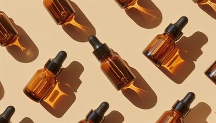 Amber glass vials with cosmetic serum seen from above Unlabeled cosmetic containers with dropper lids on beige background casting a strong shadow Flat surface