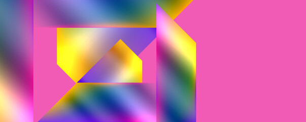 A vibrant geometric pattern featuring a symmetrical arrangement of triangles in shades of purple, magenta, and electric blue on a pink background, creating a colorful and eyecatching art piece