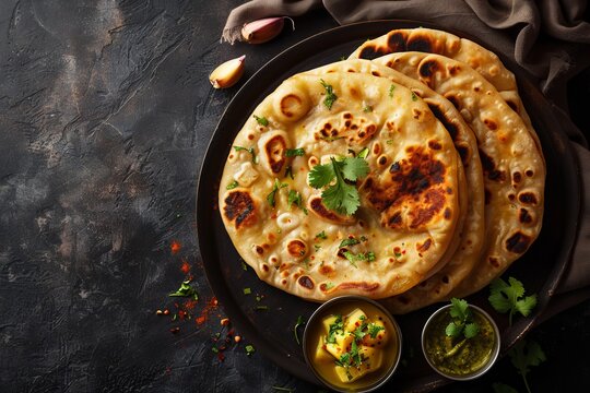 Aloo Paratha Indian stuffed flatbread with butter pickle and masala potatoes Moody background with copy space