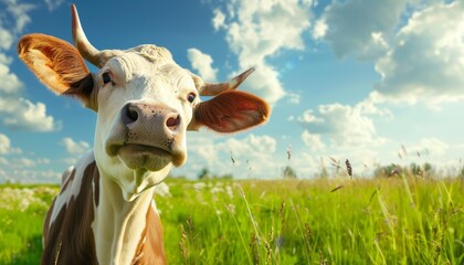 Amusing cow posing in front of camera on green rural meadow