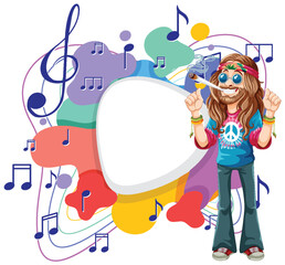 Hippie character with music notes and vibrant colors.