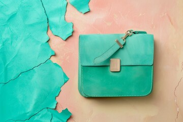 Art concept with green leather purse on torn paper background pastel colors top view