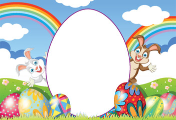 Two cartoon bunnies with decorated eggs and rainbow.