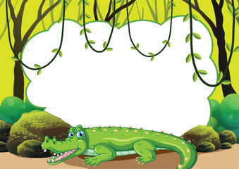 Cartoon crocodile smiling in a vibrant forest scene