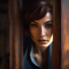 Fototapeta premium Mysterious Woman Peering Through Rustic Window