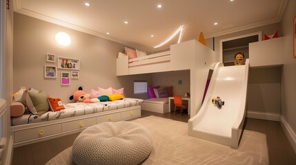 A sleek childrena??s bedroom with a loft bed and a slide