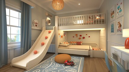 A sleek childrena??s bedroom with a loft bed and a slide