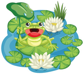 Cheerful frog sitting on water lily in pond