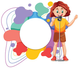 Girl podcasting with vibrant abstract shapes behind.