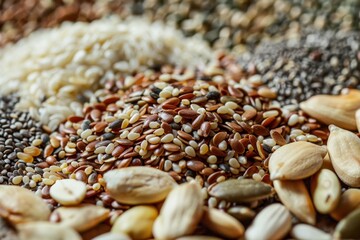 Assorted seeds for healthy salad including white sesame pine seeds and flax seeds Macro photography - obrazy, fototapety, plakaty
