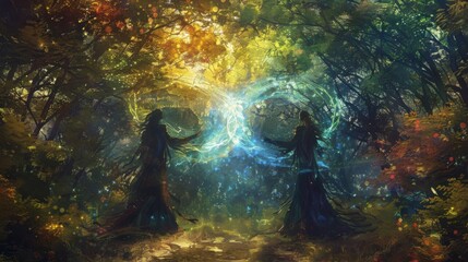 A mystical forest clearing where two powerful sorcerers stand opposite each other their hands intertwined in a symbol of unity. As . . - obrazy, fototapety, plakaty