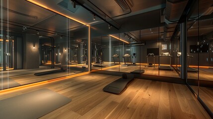 A sleek fitness studio with mirror walls and interactive workout equipment