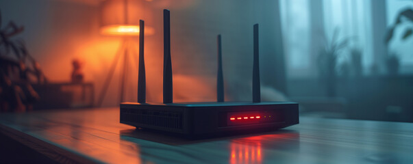Upgrade your home networking capabilities with a sleek high-speed wireless router, positioned on a wooden table within the contemporary setting of your home, ensuring seamless connectivity.