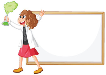 Female scientist with flask near blank whiteboard