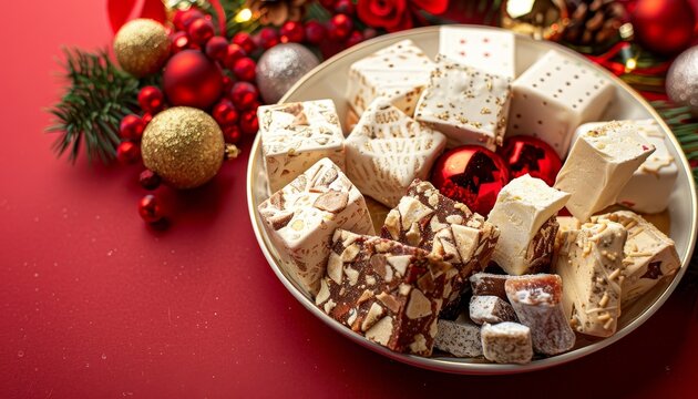 Assortment of typical Spanish Christmas sweets Nougat mantecados and polvorones decorated with ornaments on a red plate