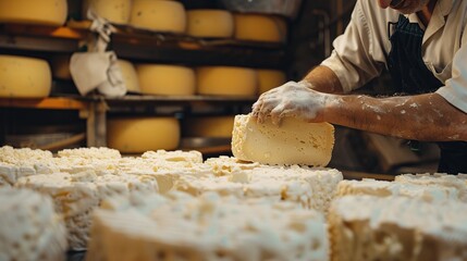 A Fascinating Process of Cheese Production With Skilled Craftsmen at Work. copy space for text.