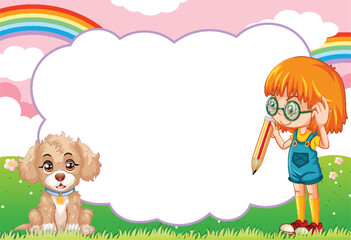 Young girl and puppy enjoying a colorful outdoor scene.