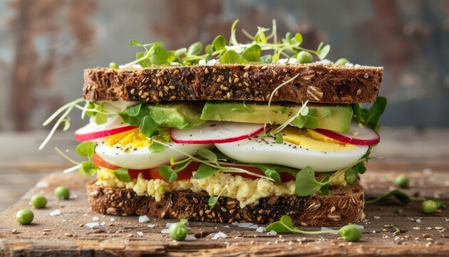 Avocado and egg whites sandwich with radish and pea shoots on whole grain bread rustic wood background
