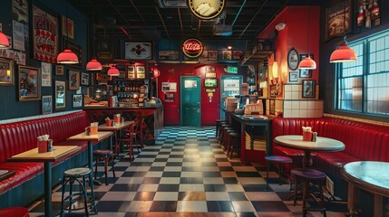 A vintage-style pizza parlor adorned with checkerboard floors, offering a retro ambiance with...
