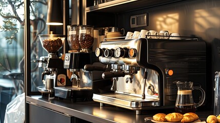 A sleek home caf?(C) with an espresso machine and a pastry case