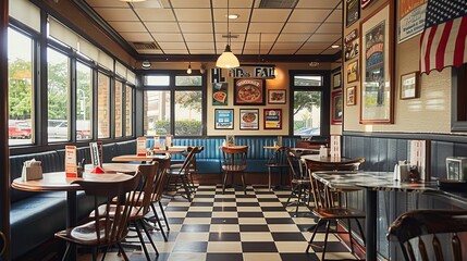 A vintage-style pizza parlor adorned with checkerboard floors, offering a retro ambiance with classic pizza recipes and throwback music, creating a nostalgic dining experience. copy space for text.