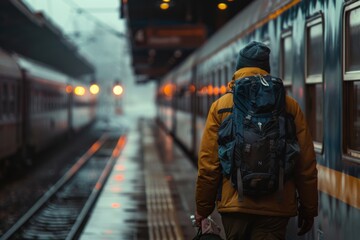 Traveler man waits train on railway platform. Back view.