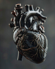 anatomical human heart, steampunk design, floating, shadows, high contrast