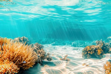 Fototapeta na wymiar Captured: the tranquil beauty of white sea sand, teeming with life in coral reefs and vibrant aquatic vegetation below