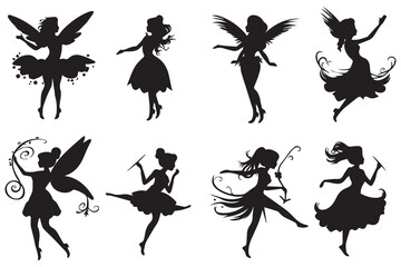 Set of silhouettes of fairies vector isolated on white background. Magical fairies in the cartoon style Free Vector