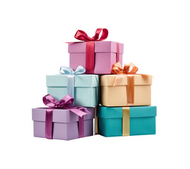 Obraz premium Pile of colorful gift boxes with symbolizing joy and variety in giving isolated on a transparent background. Generative AI