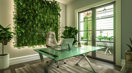 Fototapeta premium A sleek home office with a glass desk and a green wall for a refreshing ambiance