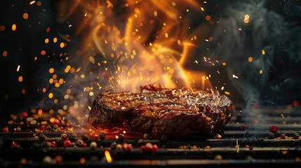 Beautiful grilled steak with sparks of fire. copy space for text. image of food.