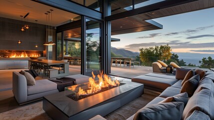 A sleek indoor-outdoor living space with sliding glass panels and a sleek fire table